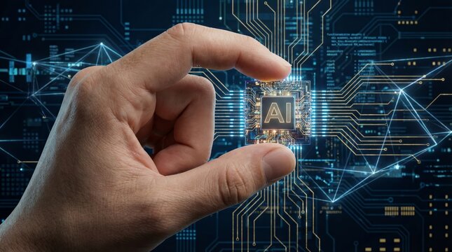 A human hand delicately holds a small AI microchip against a futuristic blue digital circuit board background, symbolizing advanced technology and artificial intelligence development. - Powered by Adobe