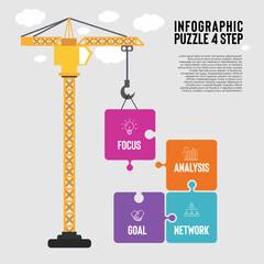 Vector infographic 4 step puzzle with creative tower crane illustration, for business diagram template presentation. Infographic puzzle 4 options. Vector editable.