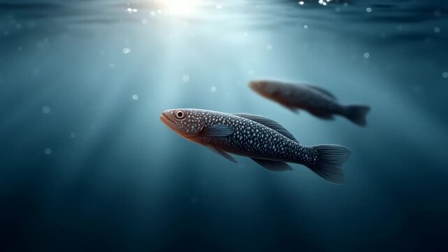 Two fish swimming peacefully in sunlit water with gentle rays and bubbles