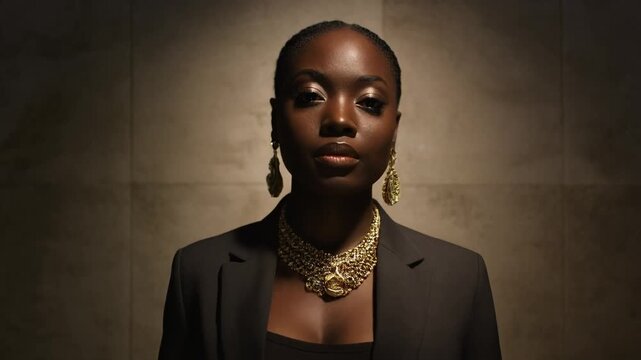A confident young Black woman wearing a dark blazer and striking gold jewelry, looking directly at the viewer.