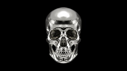 Shiny silver human skull isolated on black background, high resolution metallic chrome steel skeleton 3D illustration.
