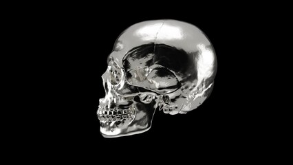 Shiny silver human skull isolated on black background, high resolution metallic chrome steel skeleton 3D illustration.