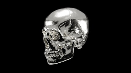 Shiny silver human skull isolated on black background, high resolution metallic chrome steel skeleton 3D illustration.