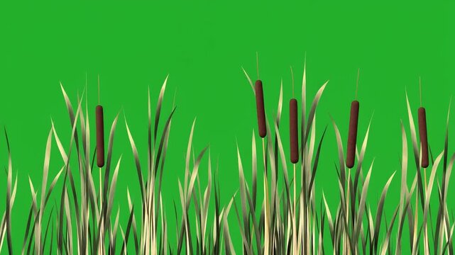 Digital illustration of cattails and tall green grass swaying against a vibrant green background.
