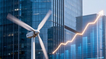 Wind turbine in front of modern buildings
