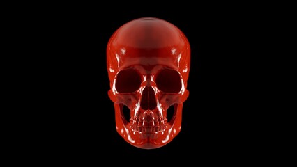 Glossy red human skull isolated on black background, high resolution bloody or plastic art skeleton 3D illustration.