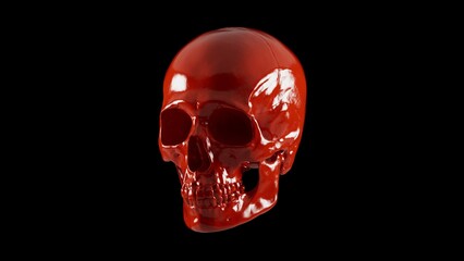 Glossy red human skull isolated on black background, high resolution bloody or plastic art skeleton 3D illustration.