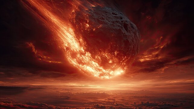Fiery meteor hurtling towards Earth, fiery trails, red clouds in the atmosphere, dramatic scene of destruction