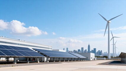 Solar panels and wind turbines near city