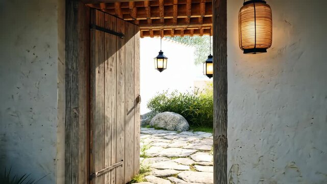 Tranquil courtyard revealed through rustic wooden gate in serene morning light
