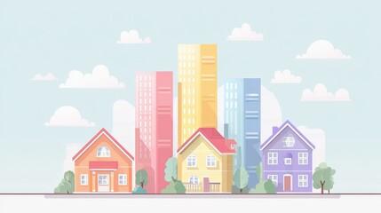 Fototapeta premium Real estate investment infographic flat design side view property market theme animation colored pastel.