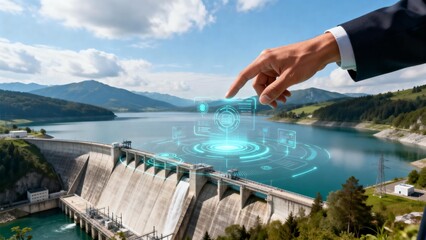 Dam with futuristic interface and hand