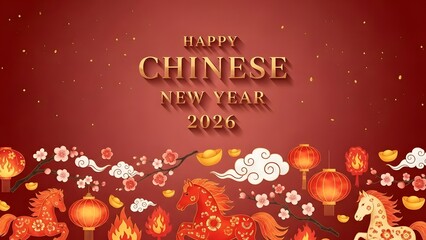 Naklejka premium Digital illustration of a Happy Chinese New Year 2026 greeting card with vibrant red and gold lanterns, flowers, and