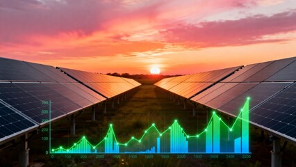 Solar panels field at sunset with energy graph
