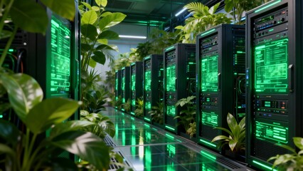 Server room with green plants and glowing displays