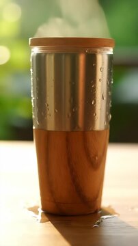 Close up of a metal tumbler with a wood accent on a damp wooden surface. Gentle steam rises from the opening, suggesting a hot beverage inside, while outside light filters through green foliage.