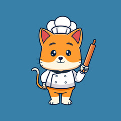 Cute Cartoon Cat Chef Holding Rolling Pin Illustration