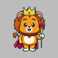 Cute Lion King Mascot Cartoon Character with Crown and Cape
