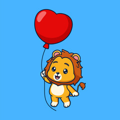 Cute Lion Cartoon Character Flying with Heart Balloon