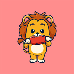 Cute Lion Cartoon Character eating big meat