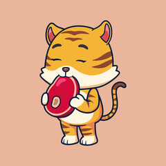Cute Cartoon Tiger Eating Meat Illustration