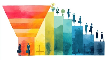 Step-by-step progress flat design side view marketing funnel theme water color Triadic Color Scheme.