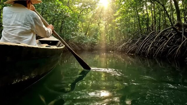 Paddling peacefully through a tranquil, sun-drenched mangrove waterway, a lone explorer discovers the vibrant beauty of untouched natural ecosystems, a serene tropical escape