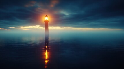 Fototapeta premium Luminous lighthouse at dawn/dusk, reflecting on a misty sea, dramatic sky