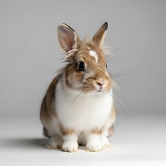 Obraz premium Close-up Portrait of a Cute Brown and White Rabbit Sitting on a Neutral Gray Background in Studio Setting