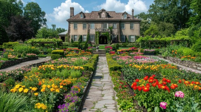 Grand estate garden path, vibrant flowers, historic house