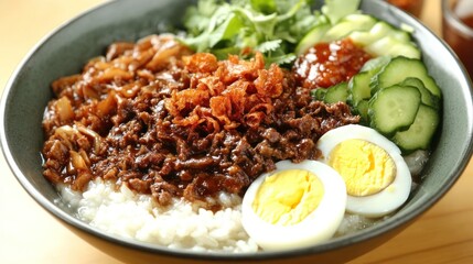 Colorful bowl of rice, beef, egg, and vegetables