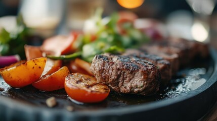 Close-up of grilled steak and vegetables on a dark plate