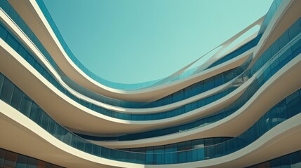 Curved, modern building complex, multiple levels, glass balconies,  sunlit