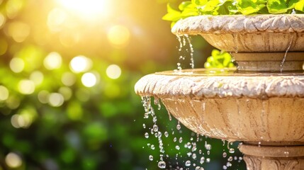 Water cascading from a tiered stone fountain, bathed in sunlight. Lush green foliage and bokeh in the background