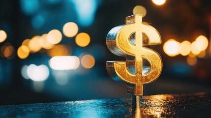 Golden dollar symbol atop a dark surface, city lights bokeh background