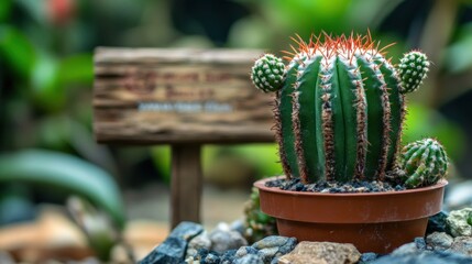 Small cactus in terracotta pot, surrounded by rocks and other greenery, with a wooden sign