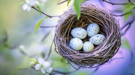 A bird's nest, full of speckled eggs, hangs from a blossoming tree branch.  Soft pastel colors and gentle light enhance the scene