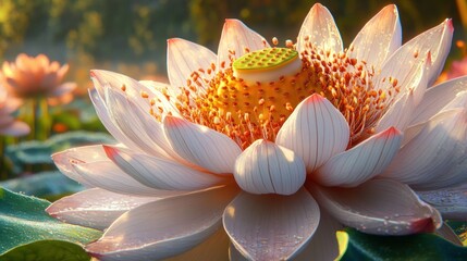 Close-up of a lotus flower, bathed in sunlight, with delicate petals and a vibrant center