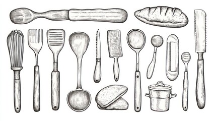Hand-drawn collection of kitchen utensils and bread