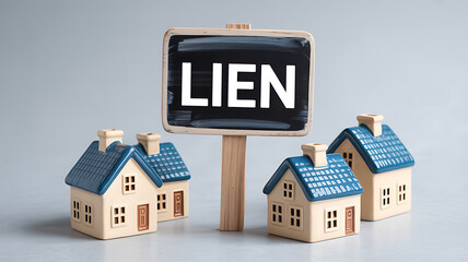 Small toy houses gathered around a blackboard sign that reads LIEN, symbolizing legal property claims, real estate debt, and financial encumbrances.