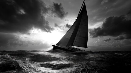 A sailboat cuts through a stormy sea, bathed in the muted light of a powerful sunset