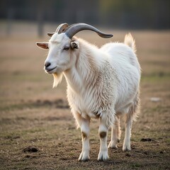 Obraz premium Goat standing calmly in open field at sunset, farm animal in natural rural environment, close-up wildlife photography, peaceful outdoor scene