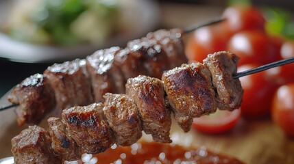 Close-up of grilled meat skewers, cooked to perfection, on wooden platter with tomatoes and sauce