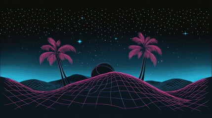 Retro futuristic landscape at night, palm trees, glowing grid