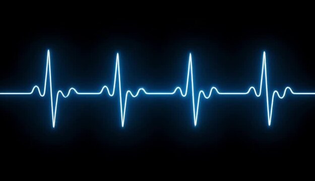 Animated blue neon heart rate monitor heartbeat pulses in a dark black background