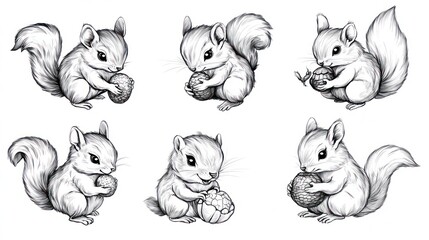 Six cute, stylized chipmunks, holding nuts, in a grid