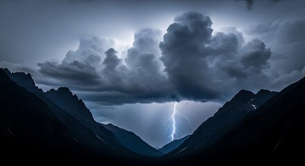 Dramatic lightning storm illuminating a vast mountain valley under a turbulent sky