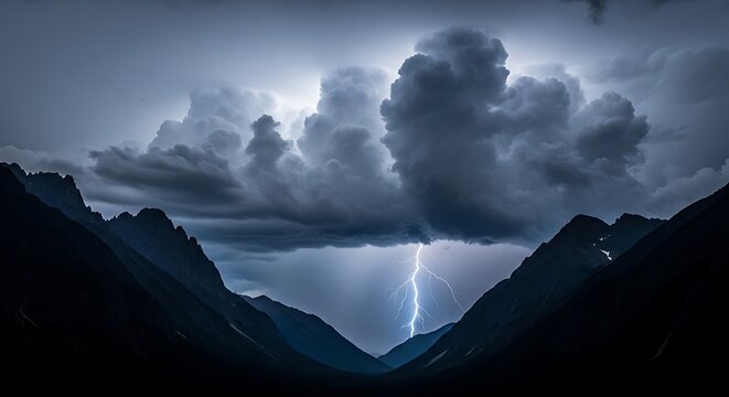 Dramatic lightning storm illuminating a vast mountain valley under a turbulent sky