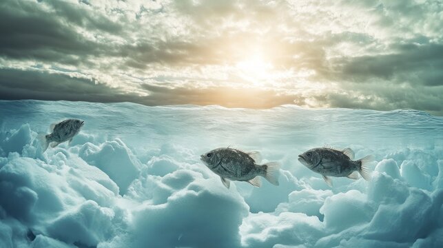 Fish swim through a frozen landscape, sunlight breaking through clouds - Powered by Adobe