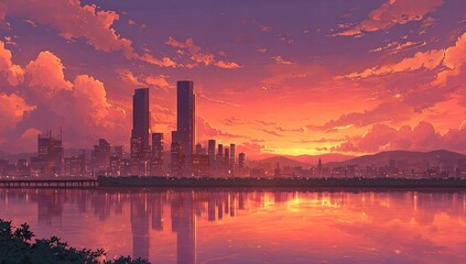 Cityscape at sunset, vibrant orange sky reflecting in calm water. Skyscrapers silhouetted